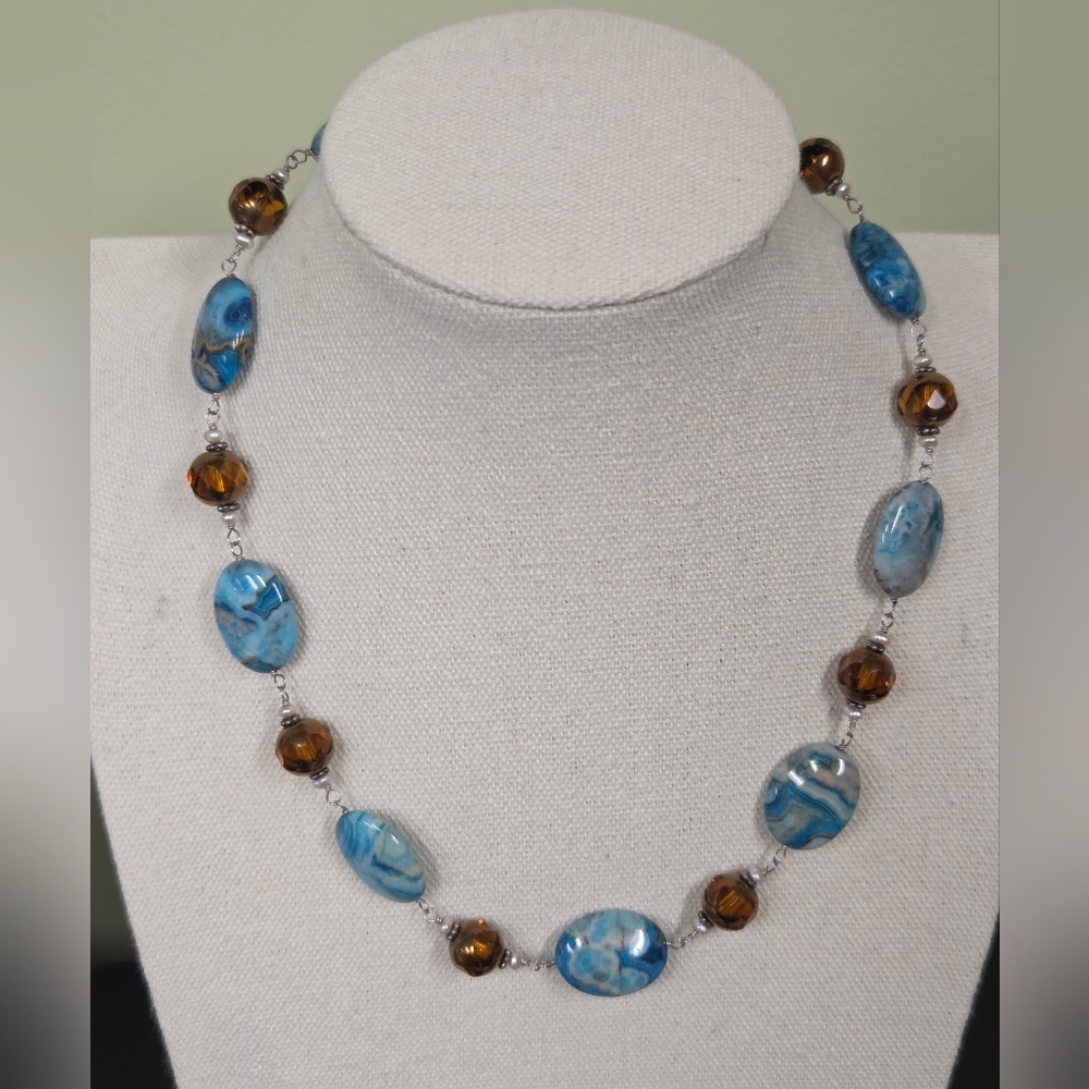 925, Agate, Freshwater Pearl, and Beaded Necklace